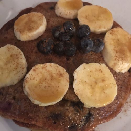 Healthy vegan blueberry, banana Sunday am pancakes