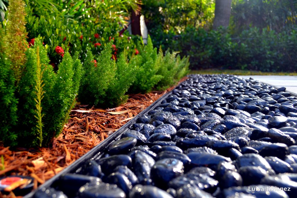 Foxtail Ferns, mulch and Black Mexican Beach Pebbl