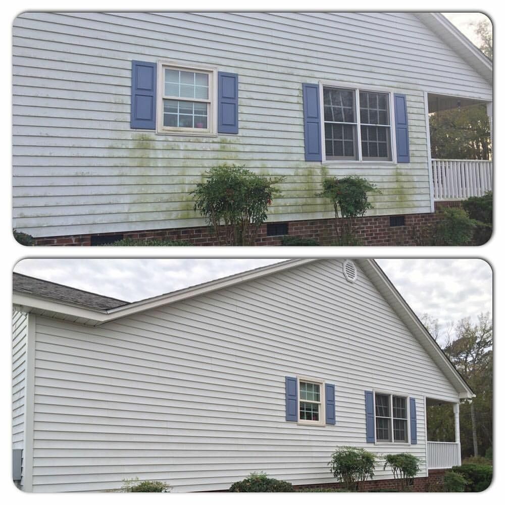 Washed vinyl siding to remove green algae 