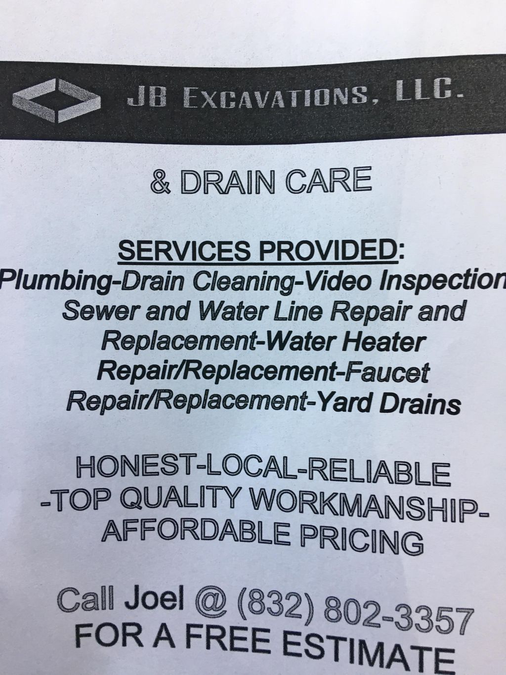 JB EXCAVATIONS and Drain Care handles both resi...