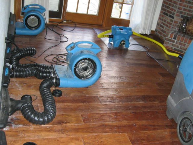 Hardwood floor drying after water damage