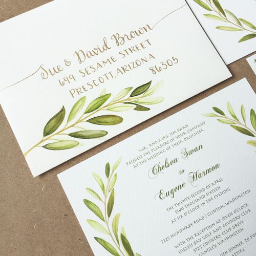 Hand painted branch on envelopes + Gold Calligraph