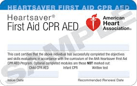 Sample First Aid CPR AED card you will receive