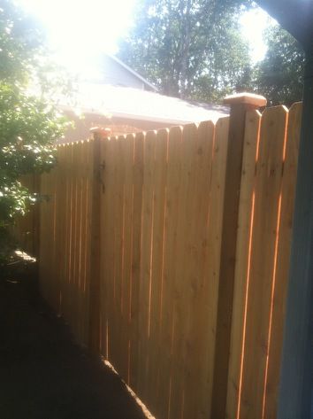 Cedar Fence, "ranch" style with dog ear tops.  The