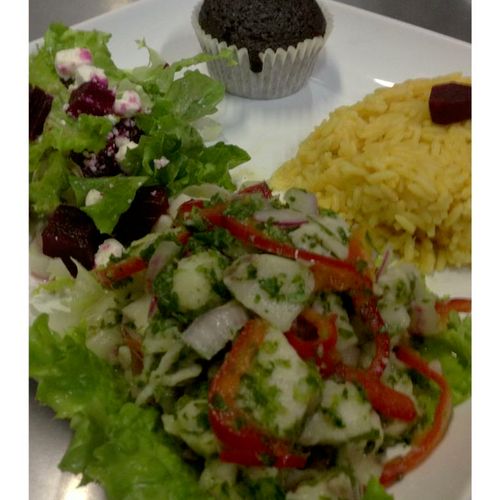 Fish ceviche, yellow rice, salad with beets & feta