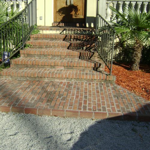 brick steps and sidewalks.