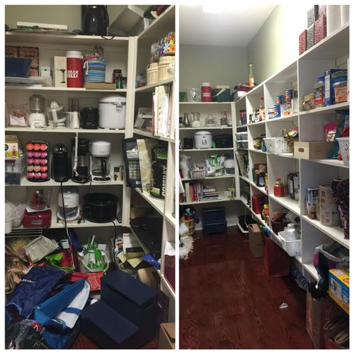 Amazing pantry makeover.  Items cleared off the fl
