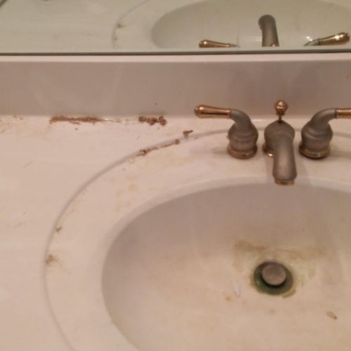 Before photo of a neglected toilet sink.