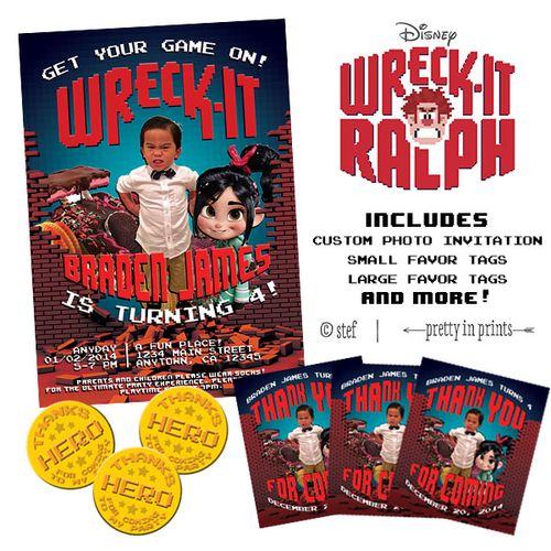 Wreck-it Ralph themed party invitation and favor t