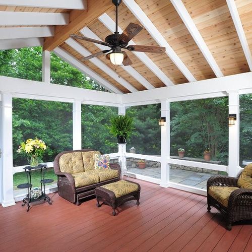 Screen porch with composite floor and exposed beam