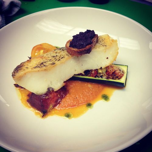 Wild caught Sea bass with slow roasted heirloom to