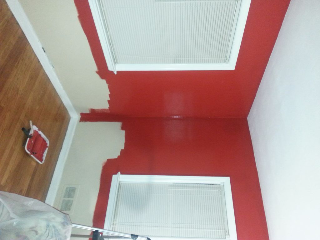 Custom red walls, white ceiling, and white trim.