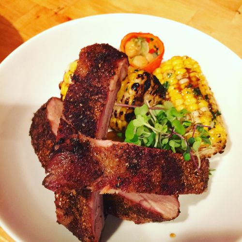 Ribs with corn and chickpea stuff peppers