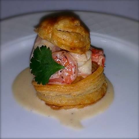 Seafood Newburg with shrimp in a puff pastry.