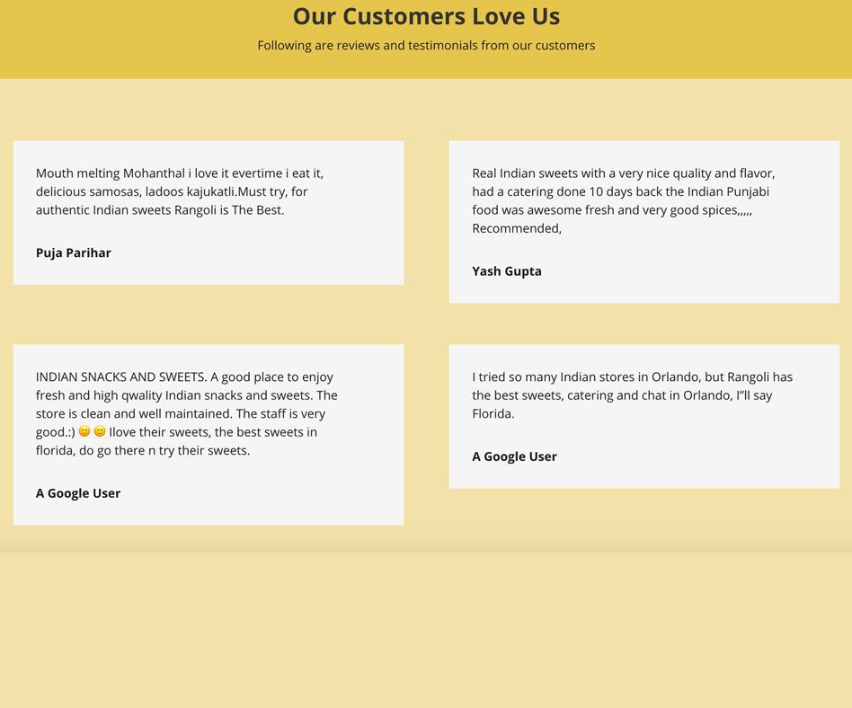 Rangoli Sweets Website Testimonial Section