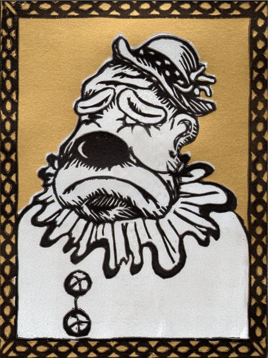"Sad Clown"

2 colored linocut on gold paper