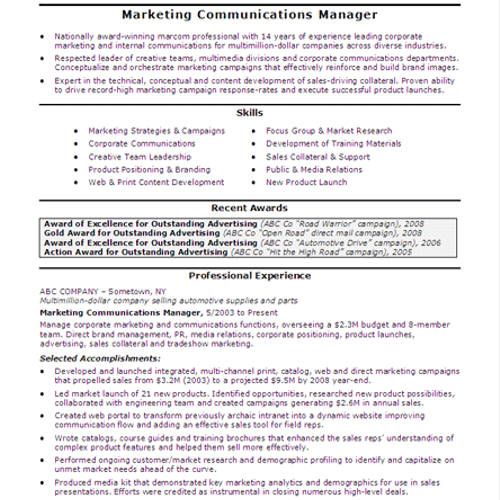 Resume example for communications manager.