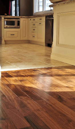 Acacia hardwood floors, chiseled edge travertine t