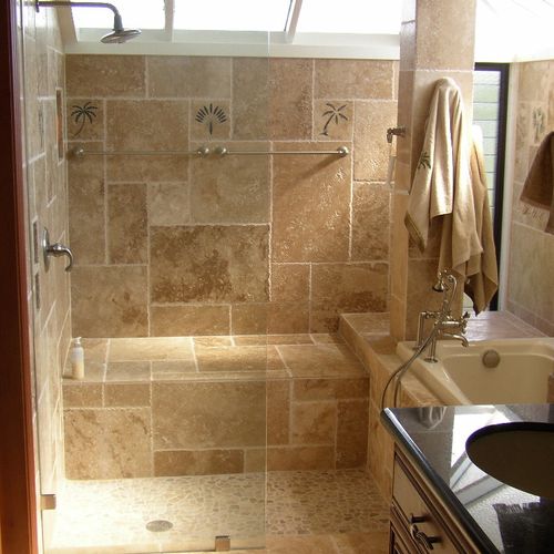 Custom shower with seating and open concept, very 