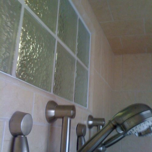 New built in shower with glass block