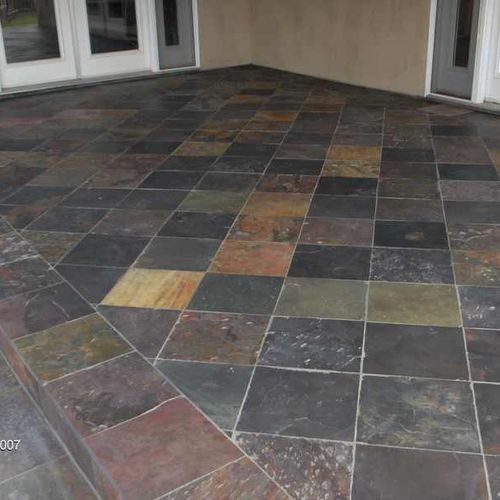 Natural slate floors on a diagonal with custom lay