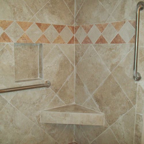 ceramic tile shower with custom seat and shelf