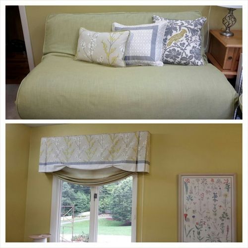 Futon cover, pillows, valance and relaxed roman sh