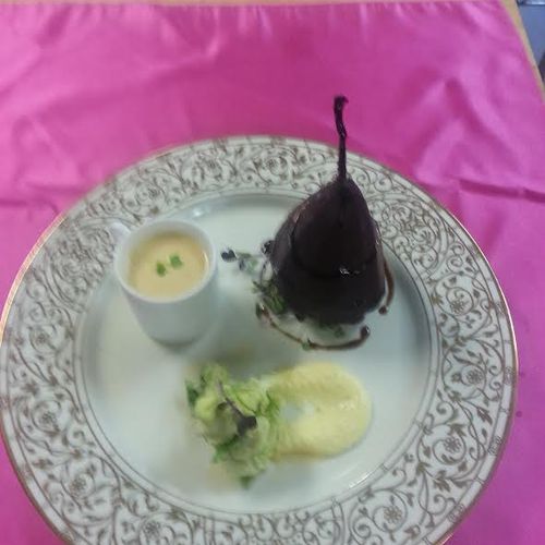 trio plate, with poached pear, clam chowder and a 