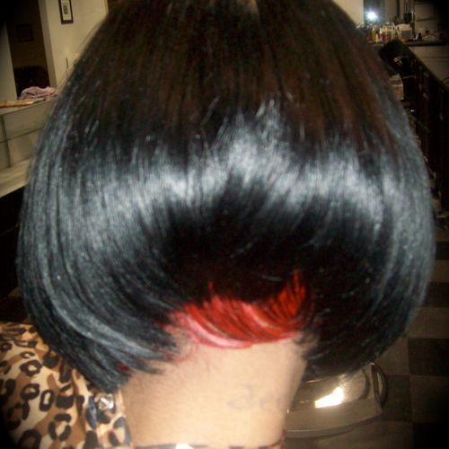 Instant tresses glued and cut into desired style.