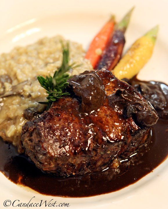 Seared Tender Rib Eye with Truffle risotto, baby c