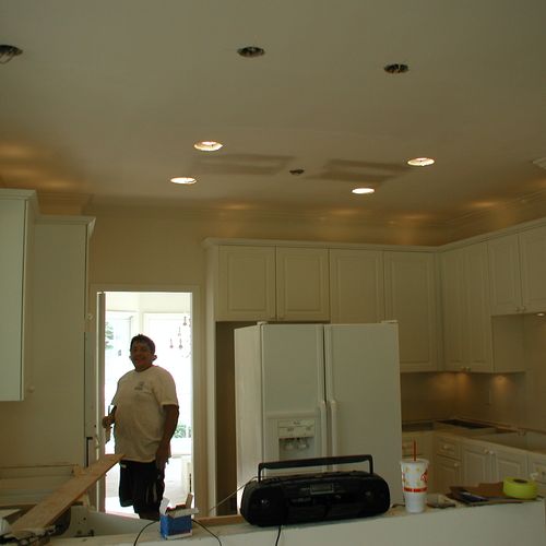 Kitchen Remodel, lights, Crown Mold, Counter Tops 