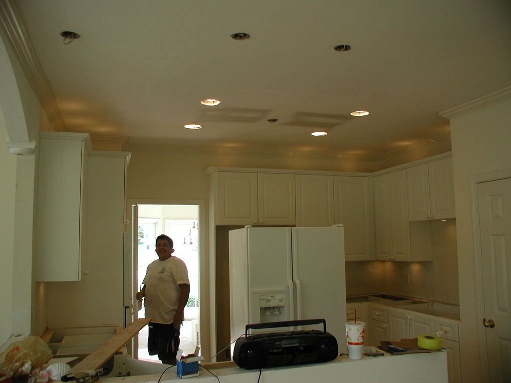 Kitchen Remodel, lights, Crown Mold, Counter Tops 