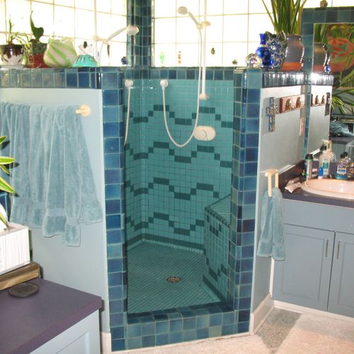 Custom Glass Tile Shower with Bench
