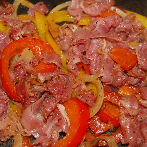Grilled Pastrami, Bell Peppers & Onions