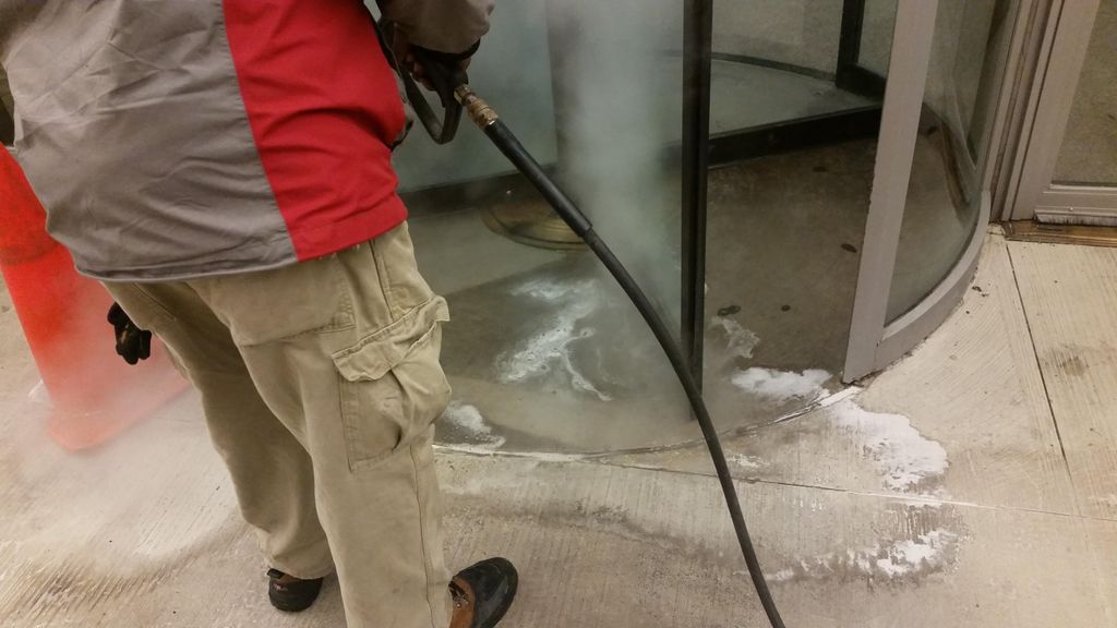 Hot Pressure Washing for baked-on foot traffic