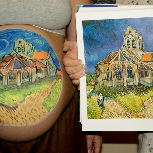 Van Gogh's "Church of Arles" on a mom's belly. Thi