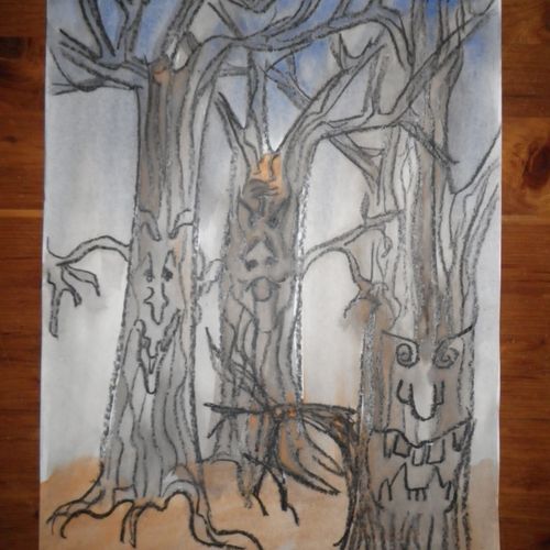 Scary Trees with a watercolor wash.