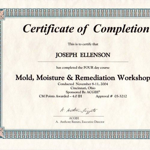 Certificate - Joe Ellenson of Restoration Professi