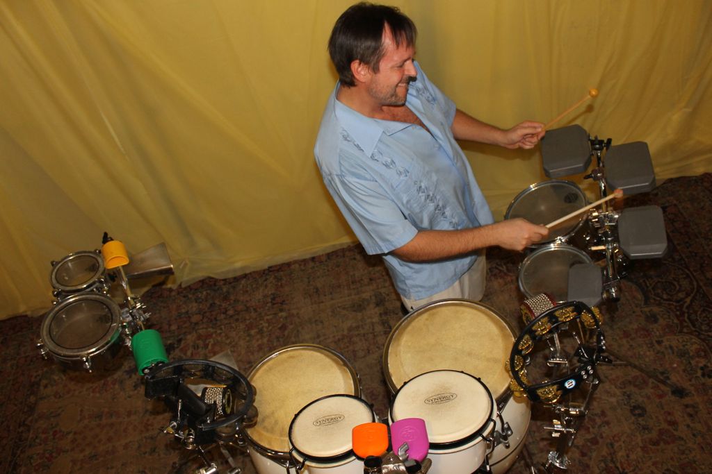Rehearsing on my reggae percussion rig. (Summer, 2