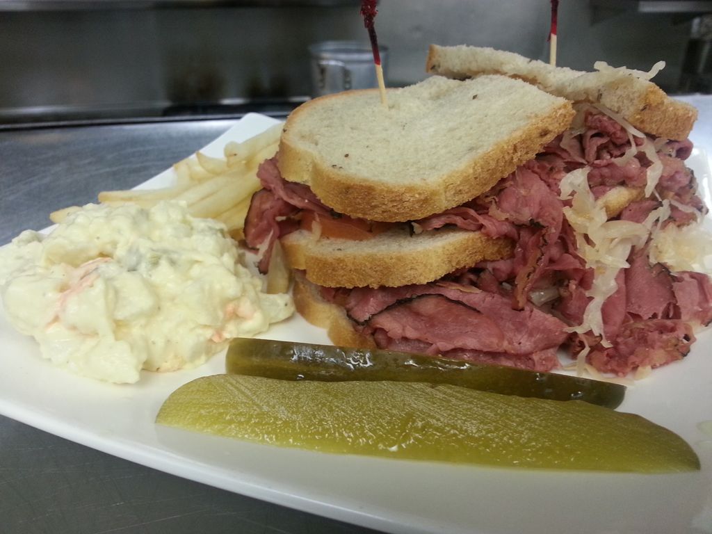 Kosher Double Pastrami on rye with root chips and 