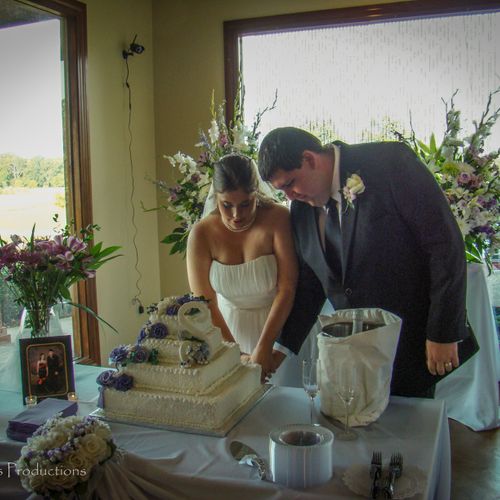 Brittany and Keith reception cake cutting.