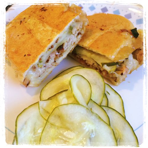 Cuban sandwich with homemade pickles, mustard seed