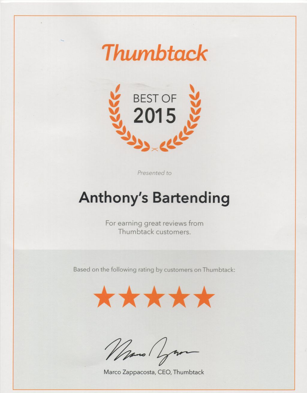 My Best Bar Tender in Fort Worth/Dallas Award 2015