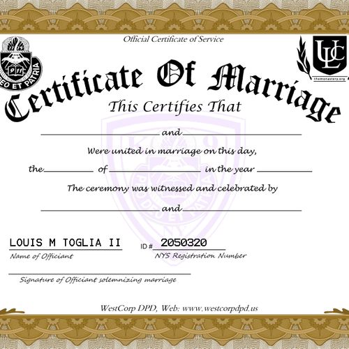 Authentic Marriage Certificate, issued by a Weddin