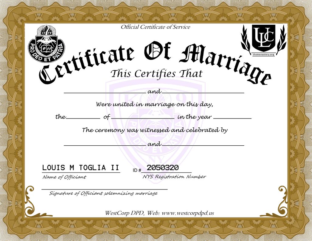 Authentic Marriage Certificate, issued by a Weddin