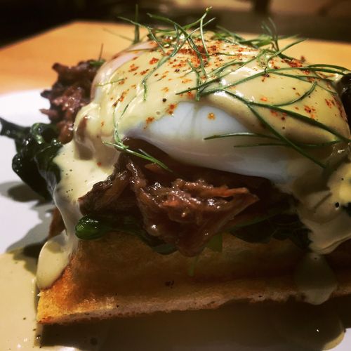 Short Rib Waffle Benedict with Wilted Spinach, Avo