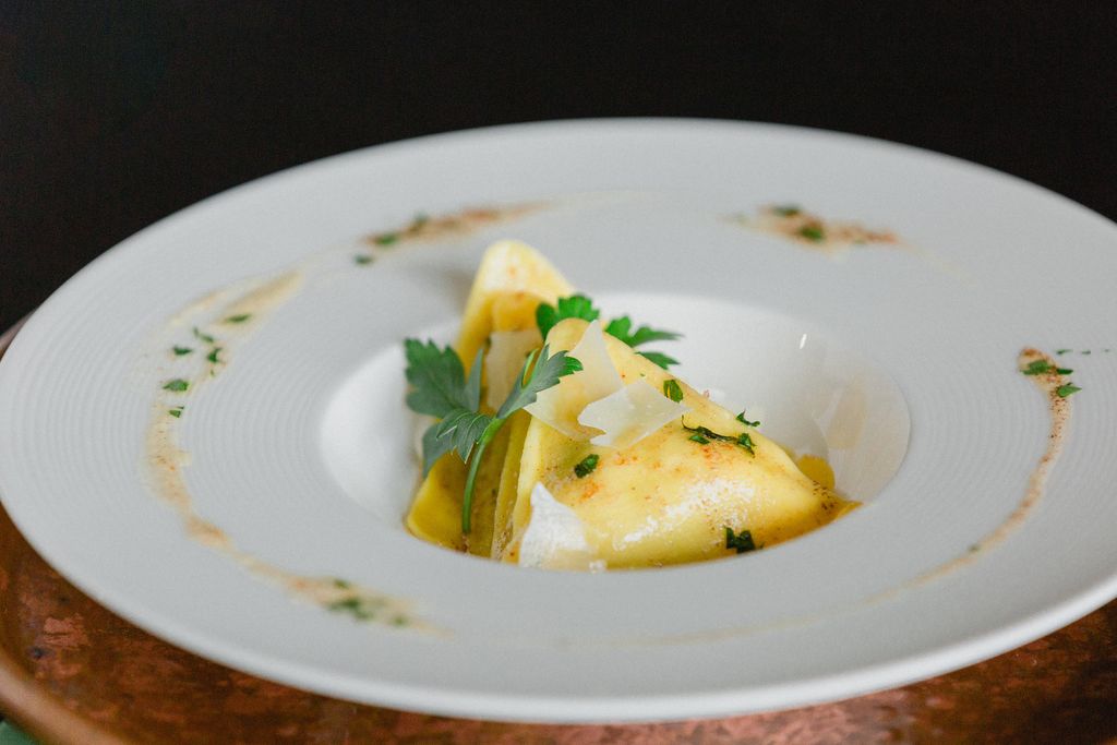 Plated Wedding Starter: Housemade ravioli with bro