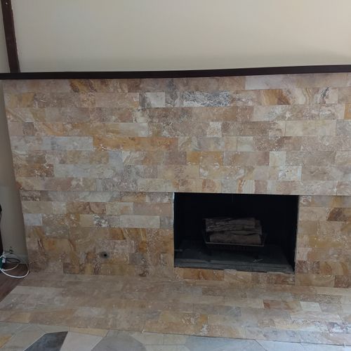 Fireplace and hearth after travertine tiles
