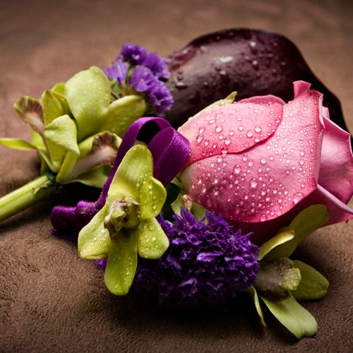 burgandy calla lily and purple rose boutonnieres