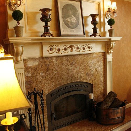 A warm toned great room fireplace that we designed